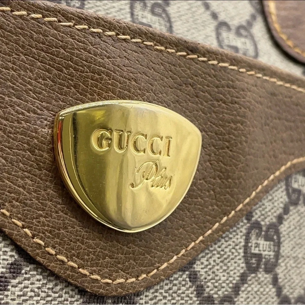 Auth Gucci GG Plus Beige Sherry Line PVC x Leather Brown Tote Bag
